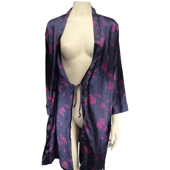 LVER Satin Purple and Pink Floral Kimono Bathrobe Robe sz S/M - Picture 4 of 5